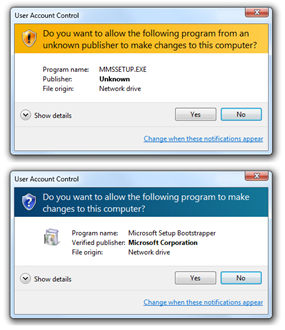 This figure shows two screenshots of popup windows asking for the user to verify updates to their computer.