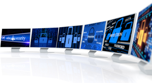 This image shows six computer screens, each displaying images related to antivirus software.