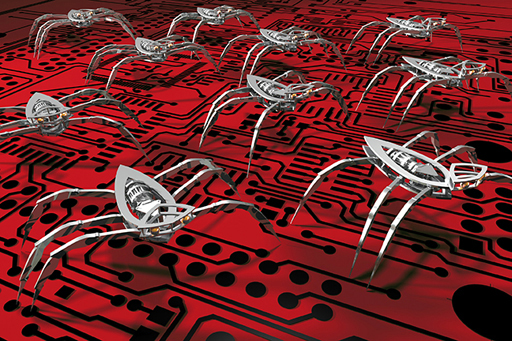 This image shows silver spider-like robots on a patterned image.