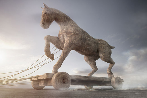 The image depicts a wooden Trojan horse being pulled along on a cart.