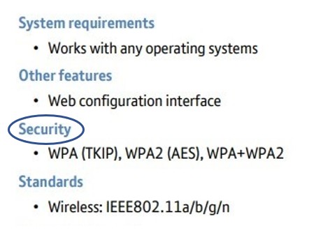 This is the same production specification from Figure 5, highlighting the security details which are as follows: WPA (TKIP), WPA2 (AES), WPA+WPA2.