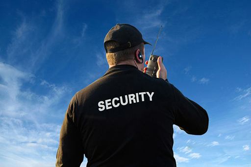 This image shows a man, from behind, wearing a baseball cap and holding a walkie-talkie.