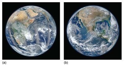 Figure 4 shows two satellite images of the whole disc of the Earth, clearly showing land, sea and clouds. Figure 4a shows Africa and the Middle East; Figure 4b shows North America.
