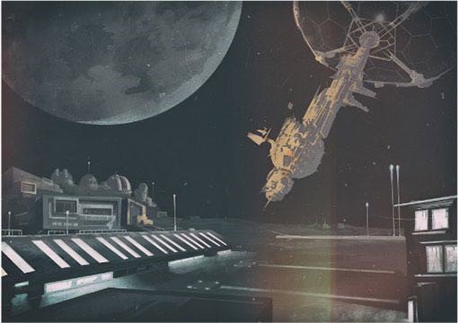The illustration shows a space scene. The solar sail is shown unfurled from a spacecraft. The view is from another industrial area. The moon is shown large, near to the space sail.