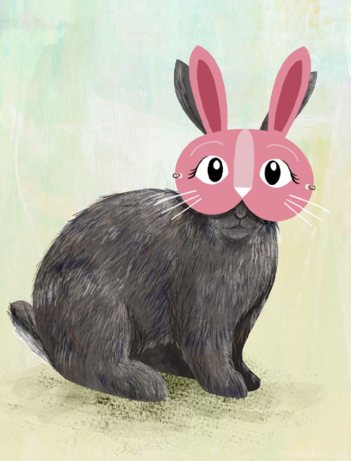 A drawing of a rabbit wearing a mask that covers their eyes and ears. The mask has the features of a rabbit.