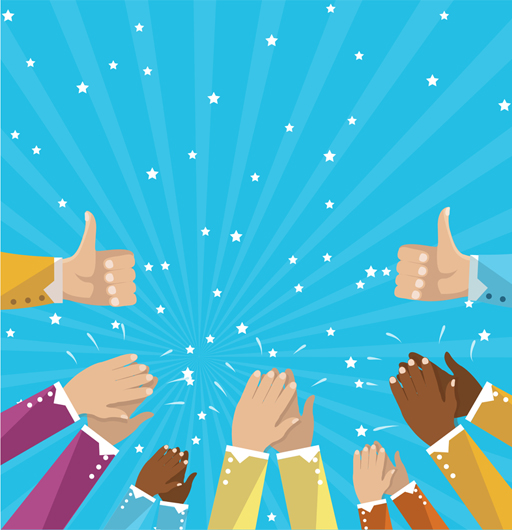 A cartoon image of multiple hands giving the thumbs up, and clapping, with stars all around them.