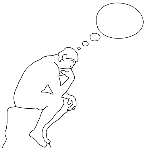 A black and white line drawing of a person sitting on a step, head in their hands, with a thought bubble above their head.