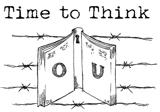 This is an illustration of a book with ‘OU’ written on it, against some barbed wire. The words ‘Time to Think’ appear at the top of the image.