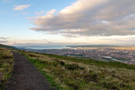 This is a photograph of a country path, with a city in the background.
