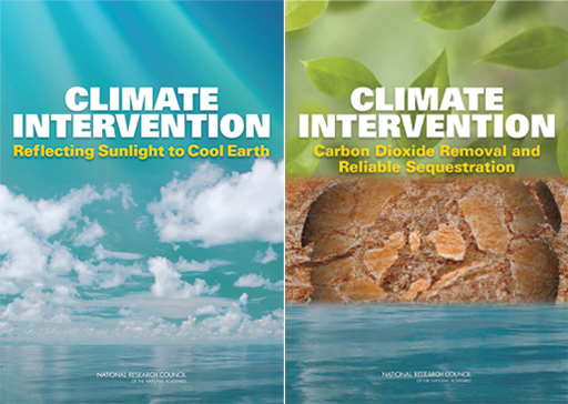 Figure 1a shows the cover of the US National Research Council report Climate Intervention: Reflecting Sunlight to Cool Earth, on Solar Radiation Management techniques. (National Research Council, 2015a). Figure 1b shows the front cover of US National Research Council report Climate Intervention: Carbon Dioxide Removal and Reliable Sequestration. The cover has three images: green leaves, arid ground and blue water.