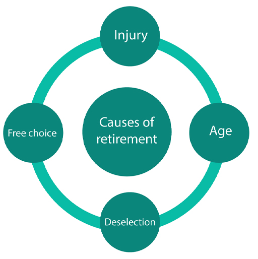 Causes of retirement: age, injury, deselection, free choice.