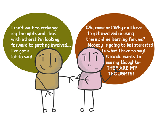 Two characters having a conversation about forums. Full description in Long description link below.