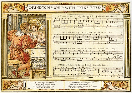 This figure is a picture by Walter Crane, ‘Drink to Me Only with Thine Eyes’, colour lithograph, song illustration from Pan-Pipes, A Book of Old Songs, Newly Arranged and with Accompaniments by Theo. Marzials, London, George Routledge & Sons, 1884.