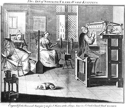 This illustration shows a late eighteenth-century household in which the two women of the family sit busily working at spinning wheels and the adult male works a loom.