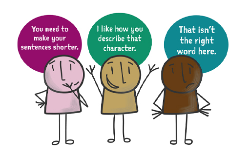 Three stick men with speech bubbles. Described in long description.