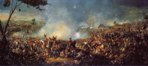 This is a large-scale oil painting of a battle scene. Commanders on horseback in the centre foreground are surrounded by hundreds of red-uniformed foot soldiers. Smoke from cannon-fire darkens the sky.