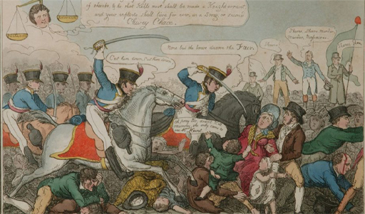 This is a colour illustration of mounted soldiers riding into a group of unarmed men, women and children. The soldiers charge from the left, threatening the crowd with unsheathed swords, as the leading horse crushes a child underfoot. A family group in the right foreground cower away from the advancing soldiers.