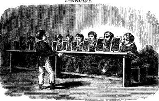 This is a sketch of a line of ten boys seated on a bench at a long desk. Each of them holds up a slate, chalked with writing. A boy with a stick stands in front of them, inspecting the slates.