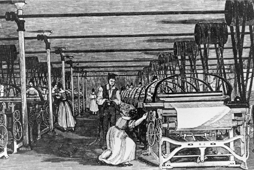 This black and white illustration depicts two receding lines of looms in a low-ceilinged space. A crouching woman in the centre foreground tends to the mechanism of one of the looms. Other women can be seen standing at their looms in the background.