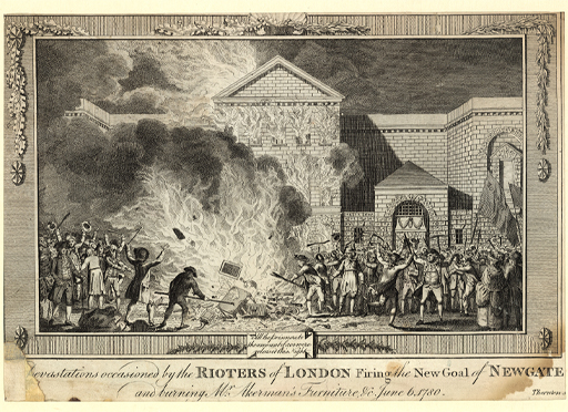 This is a black and white illustration of a group of rioters setting a building alight. Flames leap from the windows of the brick-faced prison building, and a cloud of smoke rises in front of it. Onlookers in the foreground raise their arms, some of them brandishing weapons.