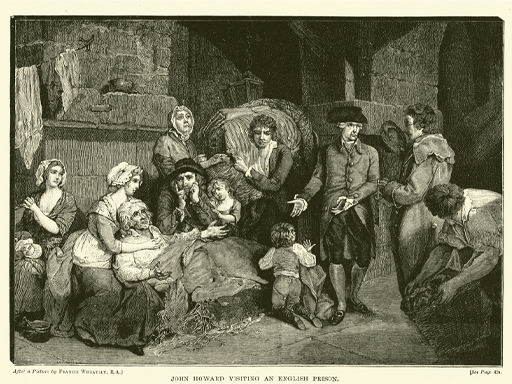 This black and white illustration depicts a well-dressed man standing to the right of centre, in a dark, stone-flagged interior. He gestures to the left, where a group of men, women and children cluster around a sack-covered figure reclining on a stone bench. They gaze towards the visitor in apparent despair.