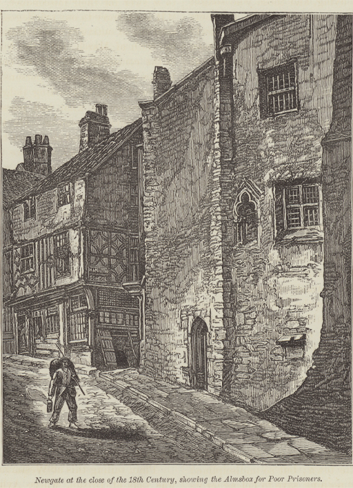 This is a black and white illustration of a lone figure walking along a city street. Looming above him in the right foreground is a high stone-built structure, with few windows and a doorway at pavement level. In the background is a timber-framed building that looks like an ale-house.