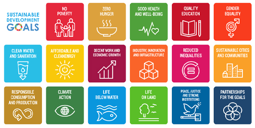 This is a graphic showing 17 goals: No poverty; Zero hunger; Good health and wellbeing; Quality education; Gender equality; Clean water and sanitation; Affordable and clean energy; Decent work and economic growth; Industry, innovation and infrastructure; Reduced inequalities; Sustainable cities and communities; Responsible consumption and production; Climate action; Life below water; Life on land; Peace, justice and strong institutions; Partnerships for the goals.