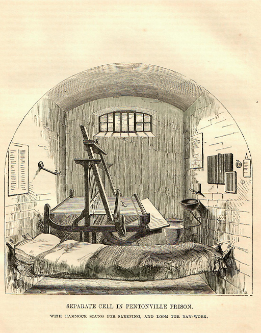 This is a drawing of a narrow cell with a curved ceiling and a high window in the rear wall. A narrow bed is slung between the walls in the foreground. A loom behind it fills the bulk of the space. A basin and some printed documents are mounted on the cell walls.