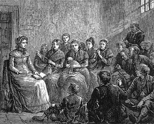 In this black and white drawing, a woman wearing a long dress and bonnet sits on the left with a book on her knee. Alongside her sit seven women, some of them occupied with sewing. On the right and in the foreground are a group of men and boys, leaning intently forward.