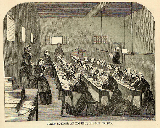 This drawing features three rows of young women seated at long desks, with slates in front of them. They face towards the left, where a schoolmistress sits on a raised stool. Two women cross the room with slates in their hands, presumably for inspection by the teacher.