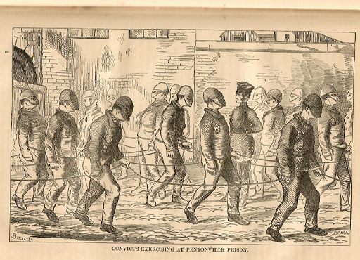 The prisoners in this black and white illustration walk in regimented file up and down an outdoor yard. Each holds onto a long rope, to keep them a fixed distance apart. Their peaked caps are tilted down to cover their faces. They are supervised by a uniformed guard.