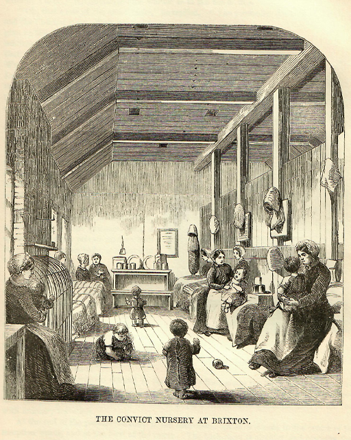 The women and children in this black and white drawing are gathered in a bright, sunlit room. The women, wearing aprons, sit on what look like blanket-covered beds against the side walls: some are nursing babies, while others watch toddlers playing on the floor. A metal guard screens a fireplace on the left, and mugs and plates stand on shelves at the rear wall.