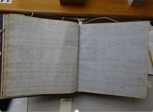 This is a photograph of an open notebook, in which handwritten details of dates, names, behaviour and punishments are recorded in a series of columns.