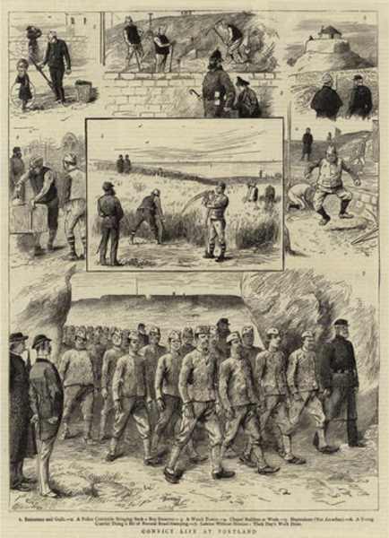 This composite black and white illustration features a range of scenes from Portland life. Framed at upper centre are prisoners threshing in a field. Other scenes show them digging, cleaning, stone-cutting, and returning in formation from their day’s outdoor work.