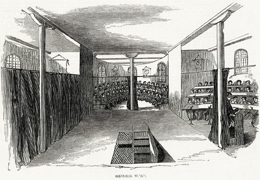 This is a black and white illustration of a large interior space with a wide alcove at the far end, in which three rows of boys are seated. The left-hand side of the room is concealed behind drawn curtains. A curtain rail indicates that the alcove and the right-hand side of the room can be similarly divided into separate spaces.