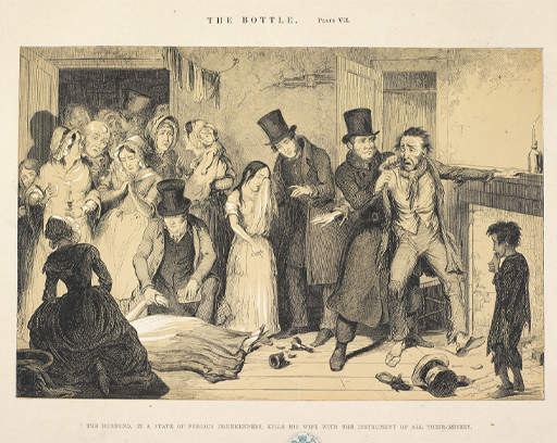 This is a black and white drawing of a dramatic scene in a domestic interior. Clinging to the mantel shelf on the right is a dishevelled-looking man; an official in an overcoat and top hat grasps him by the shoulder. A woman’s body lies on the floor in the left foreground, half concealed by a kneeling female figure in front of her. In the left background, women cluster in a doorway, evidently shocked by the scene.
