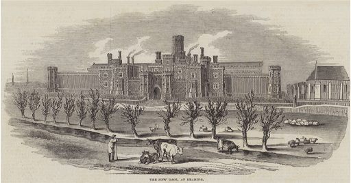 This is a black and white drawing of an imposing and elaborately designed public building. Its prominent entranceway is framed by a range of castellated towers. A tree-lined stream runs through a field in the foreground, where sheep and cattle are grazing.
