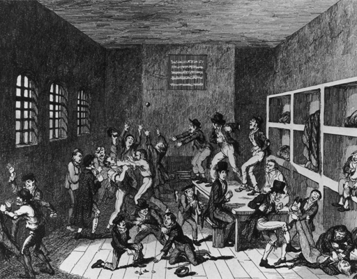 This is a black and white illustration of a scene of disorder in a dark room with barred windows. Two men are involved in a fist-fight, while three stand on a table, laughing and tossing a piece of fruit. In the foreground, two guards in top hats struggle to regain control, by breaking up an argument and – in one case – kicking a prisoner.