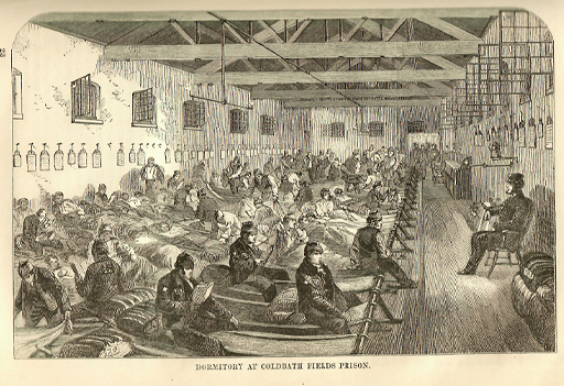 This is a black and white drawing of a large, open-windowed hall housing three long rows of canvas bunks slung on metal rails. Each bunk is occupied by a man sitting, lounging, or preparing their bedding. They are supervised by uniformed guards seated in the walkway on the right of the room.