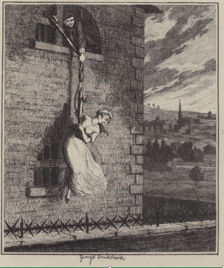 This dramatic black and white book illustration depicts a woman being lowered down an exterior wall on a rope made of knotted fabric. A man leans through the window cavity above her to control the descent of the rope. The woman looks down anxiously at the metal barbs on top of the wall below her.