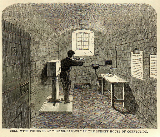 This black and white drawing depicts a prisoner in a narrow, stone-walled cell. He stands left of centre, facing the window with his back to the viewer. He puts his weight into turning a handle attached to the machine beside him.
