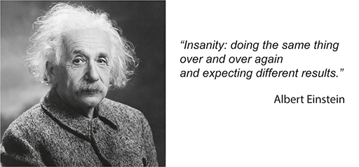 A photo of Albert Einstein with a quote by him next to it. The quote reads: ‘Insanity: doing the same thing over and over again and expecting different results.’