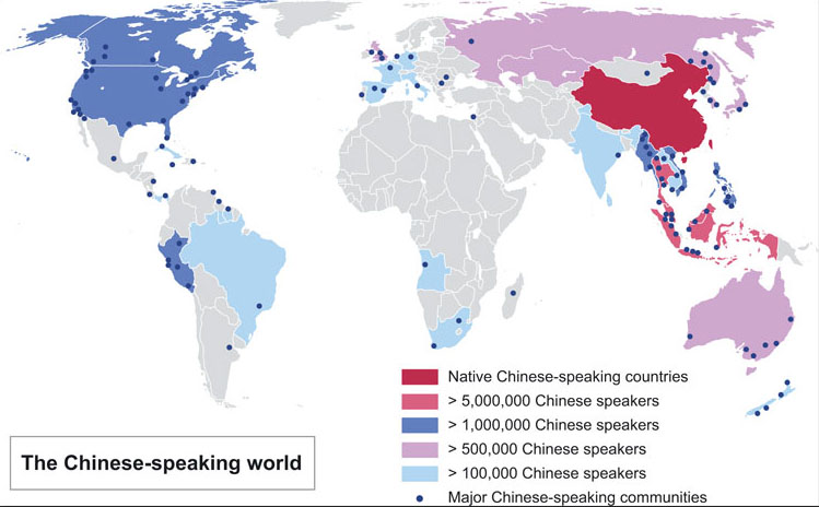 Map of the world colour-coded to show Chinese-speaking areas.