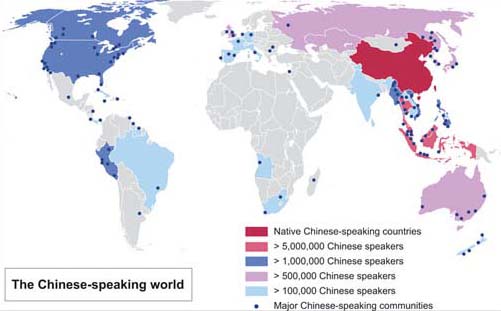 Map of the world colour-coded to show Chinese-speaking areas.