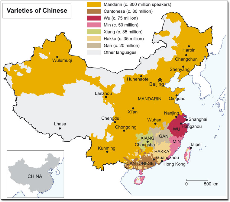 Map of China showing where the different varieties of spoken Chinese are predominantly spoken.