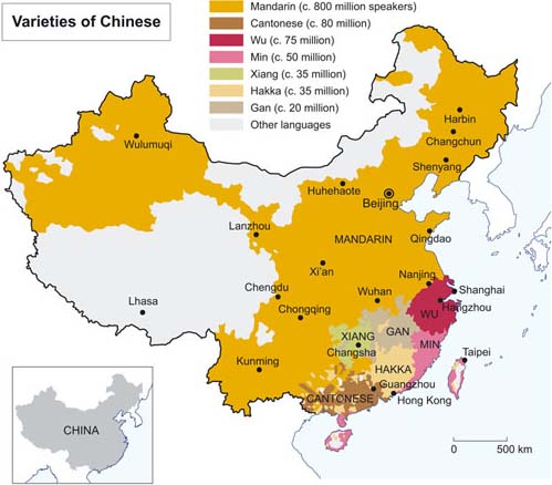 Map of China showing where the different varieties of spoken Chinese are predominantly spoken.