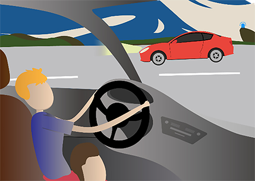 This is a cartoon of a young boy driving a car.