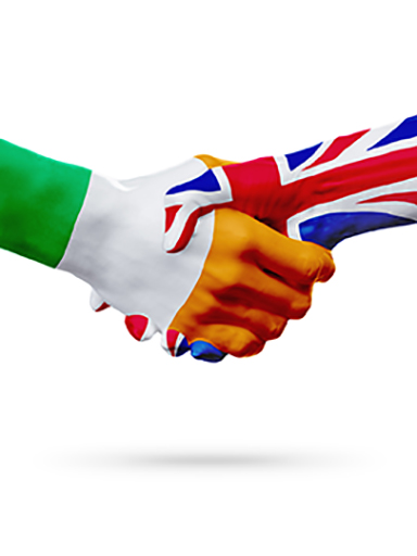 This shows two hands shaking hands. One is decorated to look like the Irish flag and the other a Union Jack.