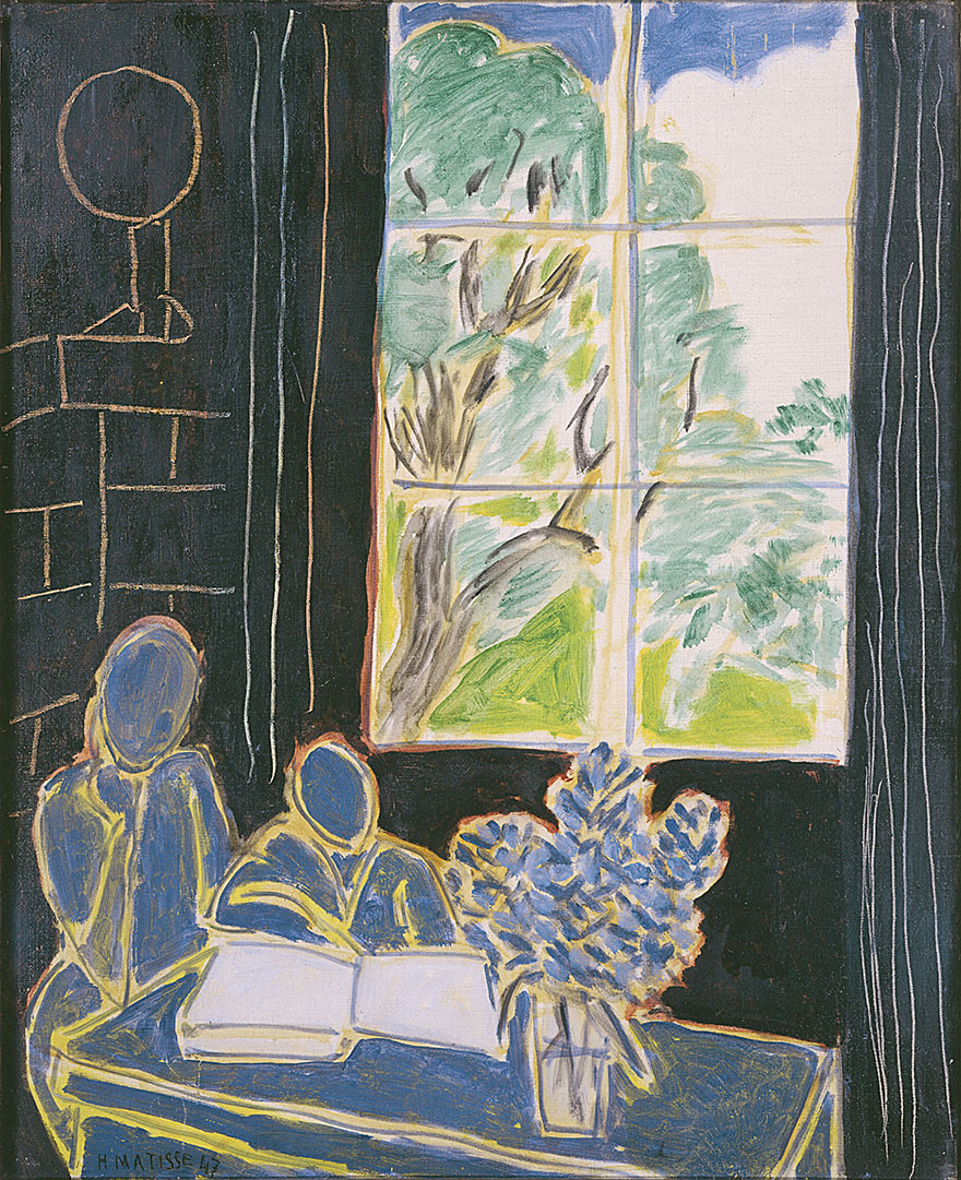 This image is of an oil/canvas painting by Henri Matisse, titled The Silence that Lives in Houses, 1947. The image shows two faceless figures reading a book at a table with a plant, with a window behind them that has some trees in the background.