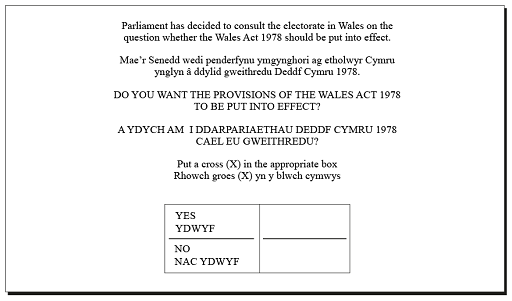 This image recreates a referendum ballot, written in both English and Welsh, which reads as follows: Parliament has decided to consult the electorate in Wales on the question whether the Wales Act 1978 should be put into effect. / Mae'r Senedd wedi penderfynu ymgynghori ag etholwyr Cymru ynglyn â ddylid gweithredu Deddf Cymru 1978. DO YOU WANT THE PROVISIONS OF THE WALES ACT 1978 TO BE PUT INTO EFFECT? / A YDYCH AM I DDARPARIAETHAU DEDDF CYMRU 1978 CAEL EU GWEITHREDU? Put a cross (X) in the appropriate box. / Rhowch groes (X) yn y blwch cymwys. YES / YDWYF NO / NAC YDWYF